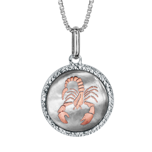 COLLIER ARGENT RHODIÉ PENDENTIF ROND NACRE BLANCHE ZODIAQUE SCORPION DORURE ROSE 42+3CM