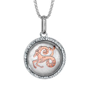 COLLIER ARGENT RHODIÉ PENDENTIF ROND NACRE BLANCHE ZODIAQUE CAPRICORNE DORURE ROSE 42+3CM
