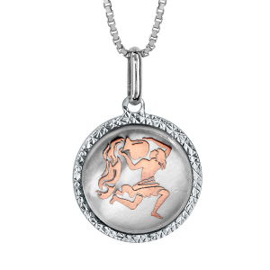 COLLIER ARGENT RHODIÉ PENDENTIF ROND NACRE BLANCHE ZODIAQUE VERSEAU DORURE ROSE 42+3CM