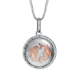 COLLIER ARGENT RHODIÉ PENDENTIF ROND NACRE BLANCHE ZODIAQUE POISSON DORURE ROSE 42+3CM