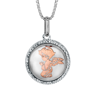 COLLIER ARGENT RHODIÉ PENDENTIF ROND NACRE BLANCHE ANGE DORURE ROSE 42+3CM