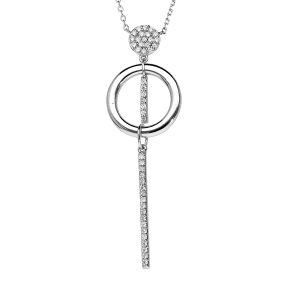 COLLIER ARGENT RHODIÉ PENDENTIF CERCLE OXYDES BLANCS SERTIS ET BAGUETTE PENDANTE 42+3CM