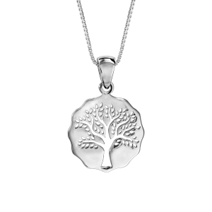COLLIER ARGENT RHODIÉ PENDENTIF GALET DECOUPE ARBRE DE VIE AJOURE 42+3CM