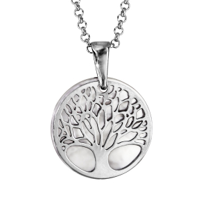 COLLIER ARGENT RHODIÉ PENDENTIF ARBRE DE VIE AJOURE FOND NACRE BLANCHE VÉRITABLE 40+5CM