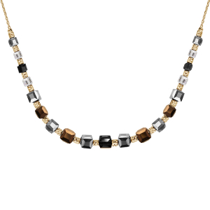 COLLIER ARGENT ET DORURE JAUNE CUBES EN CHUTE VERRE TRANSPARENT ET COULEUR MÉTALIQUE  42+5CM