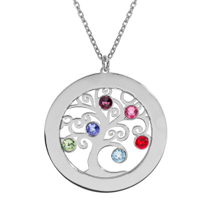 COLLIER ARGENT RHODIÉ ARBRE DE VIE 30MM OXYDES COULEURS SERTIS CONTOUR A GRAVER 40+5CM