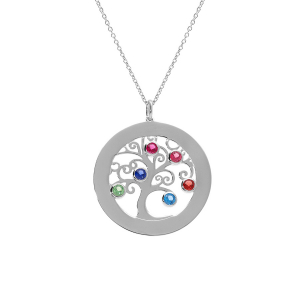 COLLIER ARGENT RHODIÉ ARBRE DE VIE 30MM OXYDES COULEURS SERTIS CONTOUR A GRAVER 40+5CM