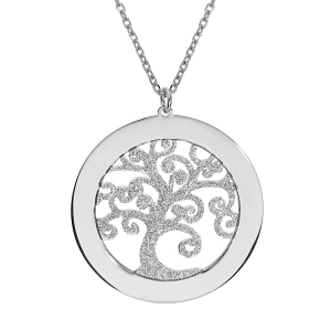 COLLIER ARGENT RHODIÉ ARBRE DE VIE 30MM GRANITE CONTOUR A GRAVER 40+5CM