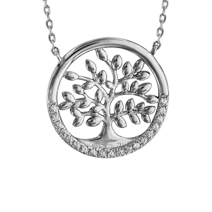 COLLIER ARGENT RHODIÉ ARBRE DE VIE OXYDES BLANCS SERTIS 40+5CM