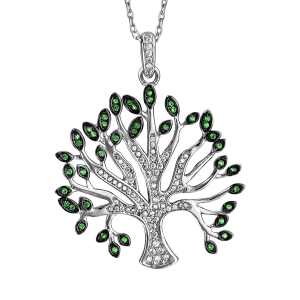 COLLIER ARGENT RHODIÉ MASSIF ARBRE DE VIE OXYDES BLANCS ET VERTS SERTIS 40+5CM