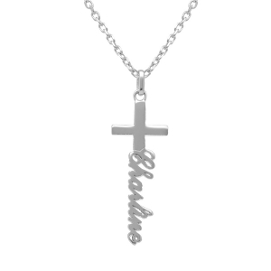 COLLIER ARGENT FORCAT DECOUPE LASER ANGLAISE VERTICALE AVEC CROIX  40CM