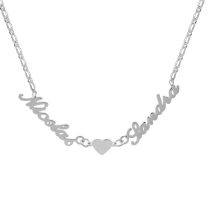 COLLIER ARGENT 1+1 2MM DECOUPE ANGLAISE 2 PRENOMS + COEUR 43CM REGLABLE 40