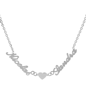 COLLIER ARGENT FORCAT DECOUPE ANGLAISE 2 PRENOMS + COEUR 43CM REGLABLE 40