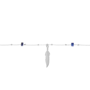CHAINE CHEVILLE ARGENT RHODIÉ PLUME RONDELLES LAPIS LAZULI VÉRITABLE 22+3CM