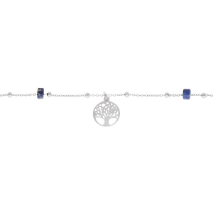 CHAINE CHEVILLE ARGENT RHODIÉ ARBRE DE VIE  RONDELLES LAPIS LAZULI VÉRITABLE 22+3CM