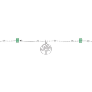 CHAINE CHEVILLE ARGENT RHODIÉ ARBRE DE VIE  RONDELLES JADE VERT VÉRITABLE 22+3CM