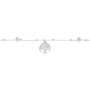 CHAINE CHEVILLE ARGENT RHODIÉ ARBRE DE VIE  RONDELLES TURQUOISE VÉRITABLE 22+3CM