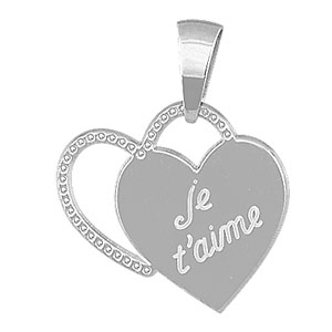 PENDENTIF DOUBLES COEURS DONT UN GRAVE  JE T AIME  ARGENT RHODIÉ