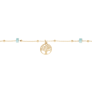CHAINE CHEVILLE ARGENT ET DORURE JAUNE ARBRE DE VIE  RONDELLES TURQUOISE VÉRITABLE 22+3CM