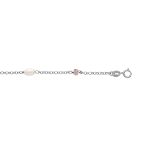 CHAINE CHEVILLE ARGENT PLATINÉ RONDELLES QUARTZ ROSE VÉRITABLE ET PERLES DE CULTURE D'EAU DOUCE 23+3CM