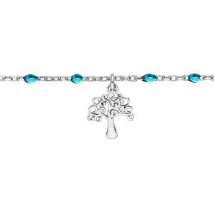 CHAINE CHEVILLE ARGENT RHODIÉ OLIVES RÉSINE BLEU TRANPARENT ET ARBRE DE VIE  23+3CM