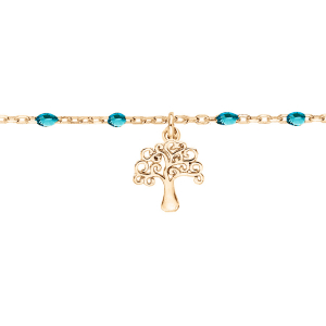 CHAINE CHEVILLE ARGENT ET DORURE JAUNE OLIVES RÉSINE BLEU TRANPARENT ET ARBRE DE VIE  23+3CM