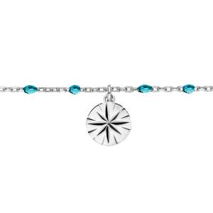 CHAINE CHEVILLE ARGENT RHODIÉ OLIVES RÉSINE BLEU TRANSPARENT ET SOLEIL DIAMANTÉ 23+3CM