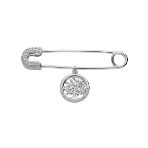 BROCHE ARGENT RHODIÉ MASSIF EPINGLE A NOURRICE AVEC PAMPILLE ARBRE DE VIE