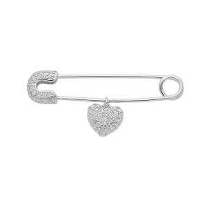 BROCHE ARGENT RHODIÉ MASSIF EPINGLE A NOURRICE AVEC PAMPILLE COEUR
