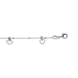 CHAINE CHEVILLE ARGENT RHODIÉ PAMPILLES COEURS LISSES ET GIVRÉS 23+3CM