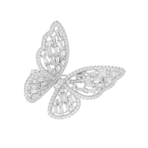 BROCHE ARGENT RHODIÉ PAPILLON OXYDES BLANCS SERTIS