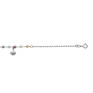CHAINE CHEVILLE ARGENT RHODIÉ PIERRES FACETEES MULTICOULEUR PAMPILLE COQUILLAGE 23+3CM