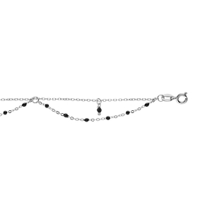 CHAINE CHEVILLE ARGENT RHODIÉ 2 RANGS RÉSINE ET BOULES EMPIERÉES NOIRES 23+3CM