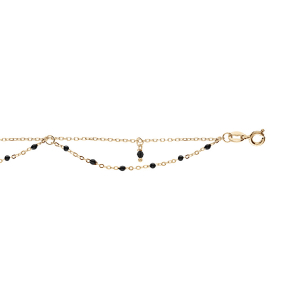 CHAINE CHEVILLE ARGENT ET DORURE JAUNE 2 RANGS RÉSINE ET BOULES EMPIERÉES NOIRES 23+3CM