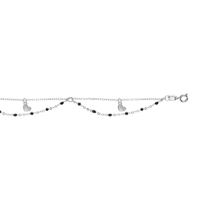 CHAINE CHEVILLE ARGENT RHODIÉ 2 RANGS RÉSINES NOIRES ET COEURS 23+3CM