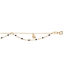 CHAINE CHEVILLE ARGENT ET DORURE JAUNE 2 RANGS RÉSINES NOIRES ET COEURS 23+3CM