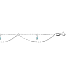 CHAINE CHEVILLE ARGENT RHODIÉ 2 RANGS EMPIERÉES BLEU CLAIR 23+2CM