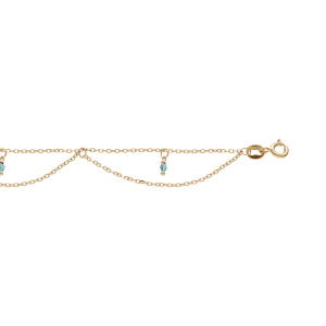 CHAINE CHEVILLE ARGENT ET DORURE JAUNE 2 RANGS EMPIERÉES BLEU CLAIR 23+2CM
