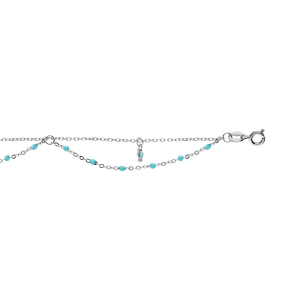 CHAINE CHEVILLE ARGENT RHODIÉ 2 RANGS RÉSINES ET BOULES EMPIERÉES TURQUOISE IMITATION 23+3CM