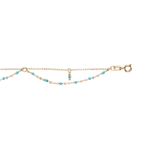 CHAINE CHEVILLE ARGENT DORURE JAUNE 2 RANGS RÉSINES ET BOULES EMPIERÉES TURQUOISE IMITATION 23+3CM