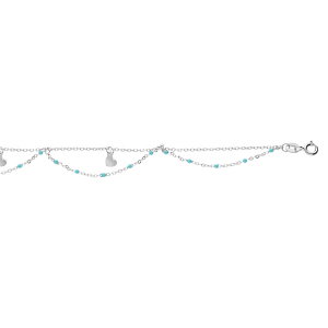 CHAINE CHEVILLE ARGENT RHODIÉ 2 RANGS RÉSINE TURQUOISE IMITATION ET COEURS 23+3CM