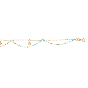 CHAINE CHEVILLE ARGENT ET DORURE JAUNE 2 RANGS RÉSINE TURQUOISE IMITATION ET COEURS 23+3CM