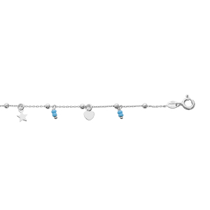 CHAINE CHEVILLE ARGENT RHODIÉ PAMPILLES ETOILES, COEURS ET BOULES BLEUES 23+2,5M