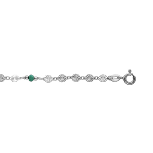 CHAINE CHEVILLE ARGENT RHODIÉ PASTILLES DIAMANTES PIERRES SYNTHETIQUE VERTES FACETES 23+2CM
