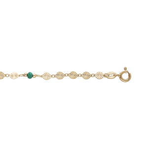 CHAINE CHEVILLE ARGENT ET DORURE JAUNE PASTILLES DIAMANTES PIERRES SYNTHETIQUE VERTES FACETES 23+2CM