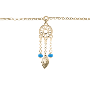 CHAINE CHEVILLE ARGENT ET DORURE JAUNE ATTRAPE REVE BOULES RÉSINE BLEU CIEL 23+3CM
