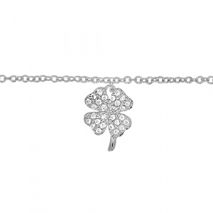 CHAINE CHEVILLE ARGENT RHODIÉ MOTIF TREFLE OXYDES BLANCS SERTIS 23+2CM