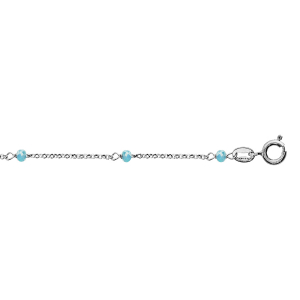 CHAINE CHEVILLE ARGENT RHODIÉ BOULES PERLES DE VERRE FACETE BLEU CLAIR 23+3CM