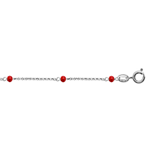 CHAINE CHEVILLE ARGENT RHODIÉ BOULES PERLES DE VERRE FACETEES ROUGES 23+3CM