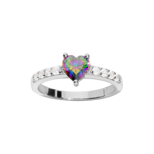 BAGUE ARGENT RHODIÉ DEMI RAIL OXYDES BLANCS SERTIS ET OXYDE CENTRALE COEUR ARC EN CIEL MYSTIQUE